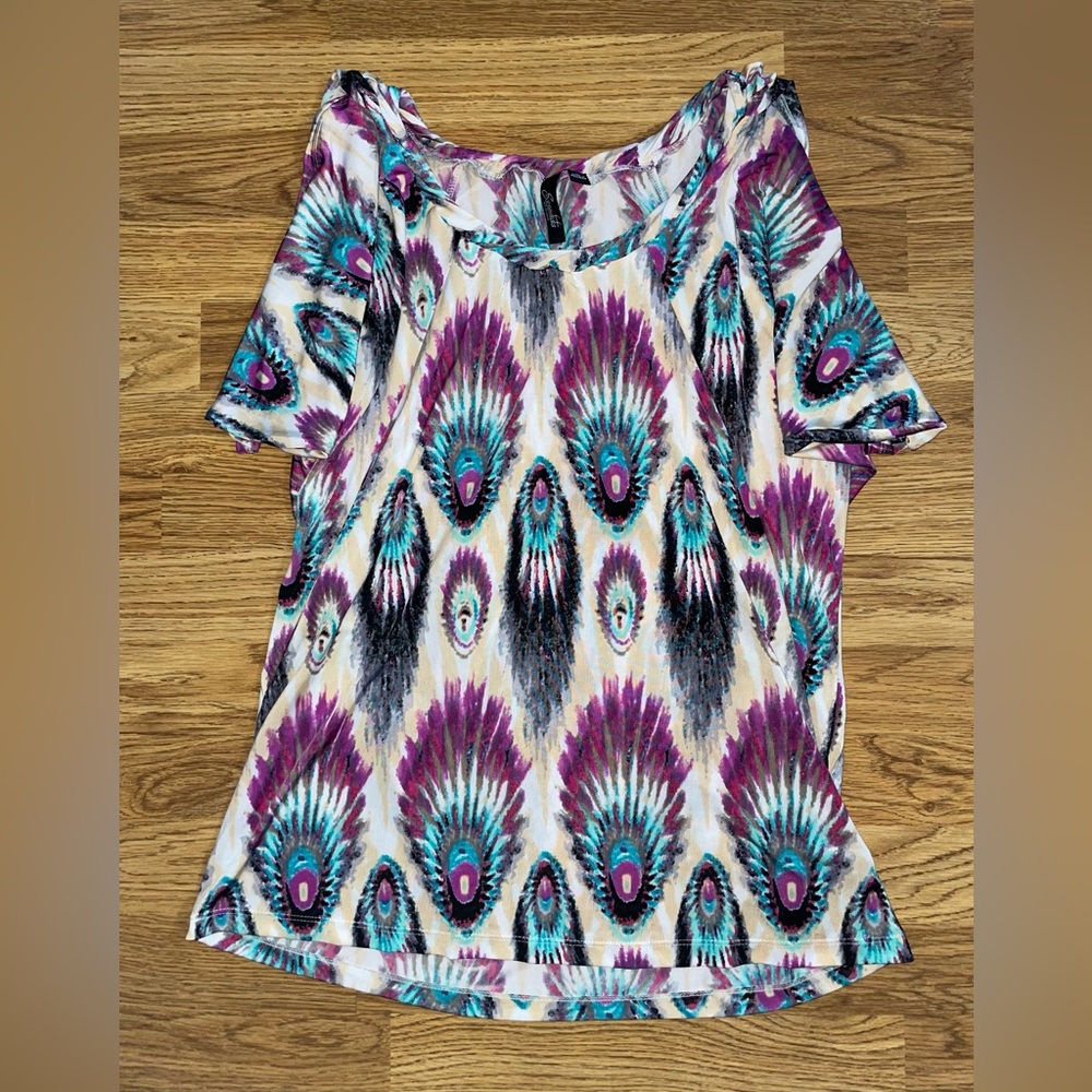 Essentials by Milano Blouse Shirt Women’s Large Peacock Feathers Multicolor